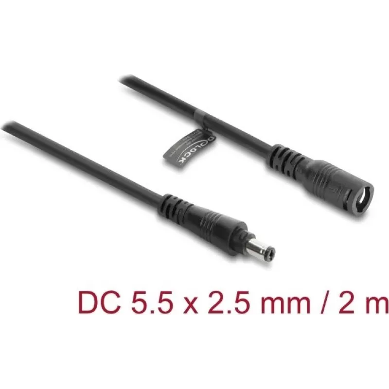 Delock DC pagarinātājkabelis 5.5 x 2.5 mm spraudnis pret ligzdu ar bajonetes slēdzeni 18 AWG, 2 m melns (67393)