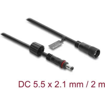Delock DC pagarinājuma kabelis 5,5 x 2,1 mm spraudnis pret ligzdu ar skrūvju fiksāciju M12 x 1,75 mm vītne, ūdensizturīgs 18 AWG, 2 m melns (67384)