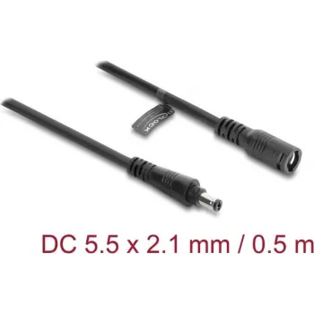 Delock DC pagarinātājvads 5,5 x 2,1 mm spraudnis pret ligzdu ar bajonetes slēdzeni 18 AWG, 0,5 m melns (67388)