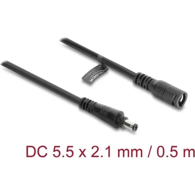 Delock DC pagarinātājvads 5,5 x 2,1 mm spraudnis pret ligzdu ar bajonetes slēdzeni 18 AWG, 0,5 m melns (67388)
