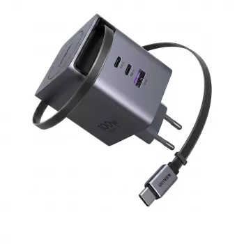 UGREEN X616 GaN lādētājs 100W 2x USB-C 1x USB-A 1x ievelkams USB-C kabelis (65828)