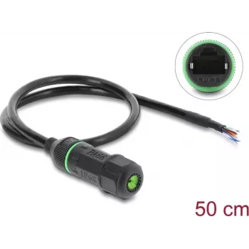 Delock RJ45 sievišķais uz atvērtiem kabeļa galiem Cat.6 paneļa montāžas kabelis ar M16.8 x 1.5 mm vītni un korpusu 50 cm Melns (87181)