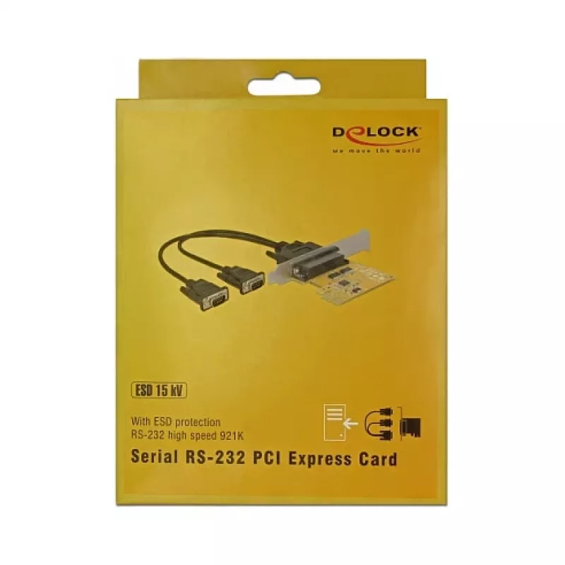 Delock PCI Express x1 karte ar 2 x seriālajiem RS-232 portiem, ātrdarbīga 921K, ESD un pārsprieguma aizsardzība