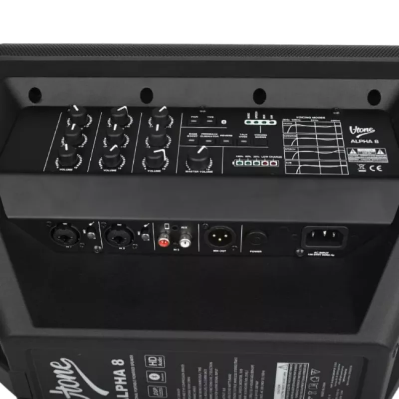 V-TONE ALPHA 8 Active Battery Column PA System ar iebūvētu mikseri, 300W RMS, 8 inch zemfrekvenču skaļrunis, Bluetooth, USB/SD, reverb