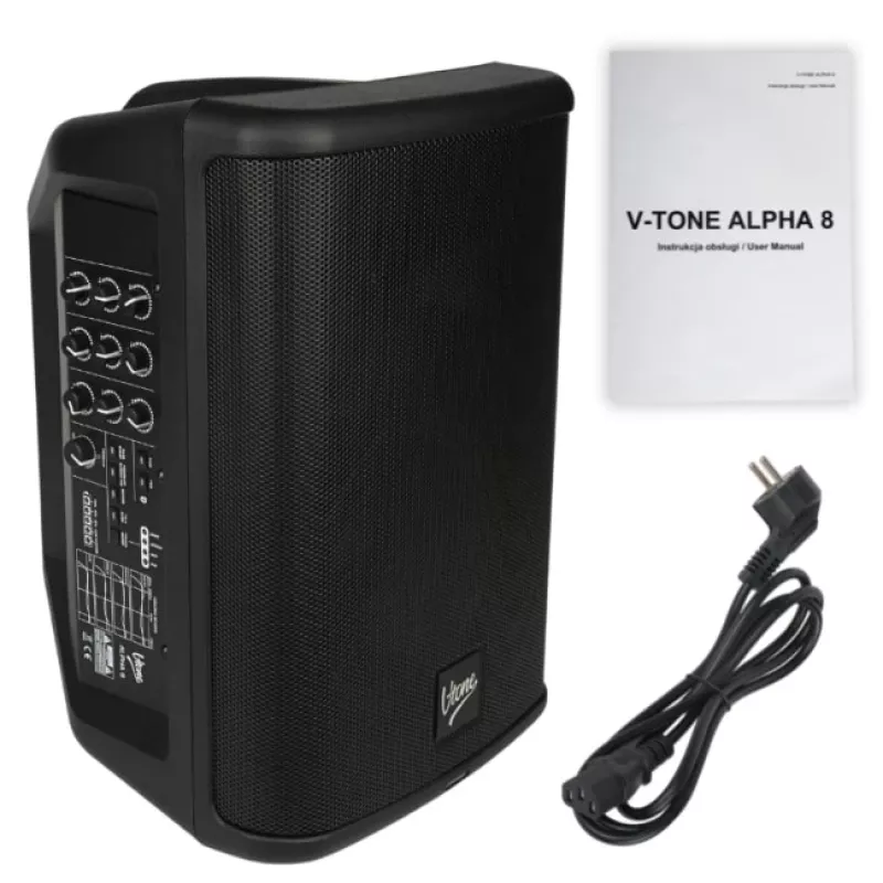 V-TONE ALPHA 8 Active Battery Column PA System ar iebūvētu mikseri, 300W RMS, 8 inch zemfrekvenču skaļrunis, Bluetooth, USB/SD, reverb