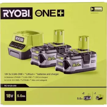 RYOBI RC18120-250 2x 18V 5.0Ah Lithium+ Battery Kit ar kompakto lādētāju