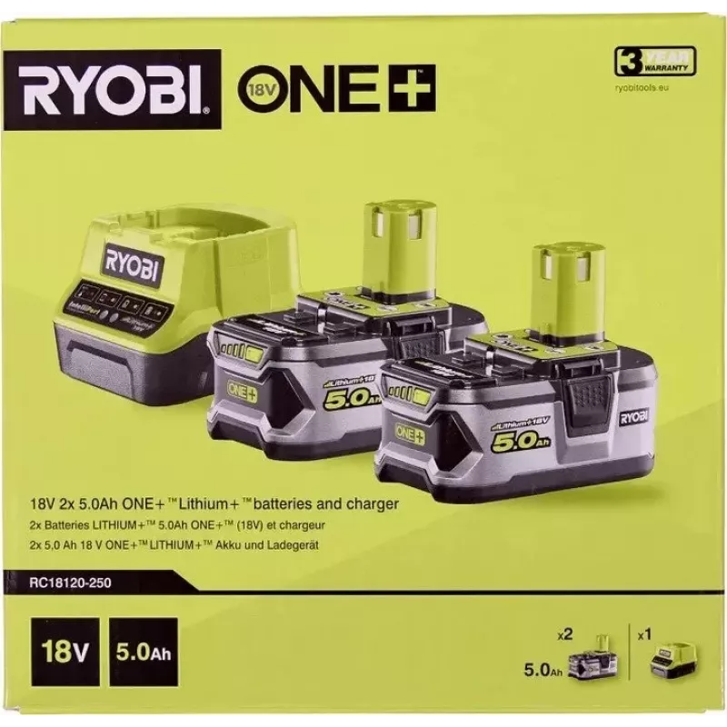 RYOBI RC18120-250 2x 18V 5.0Ah Lithium+ Battery Kit ar kompakto lādētāju