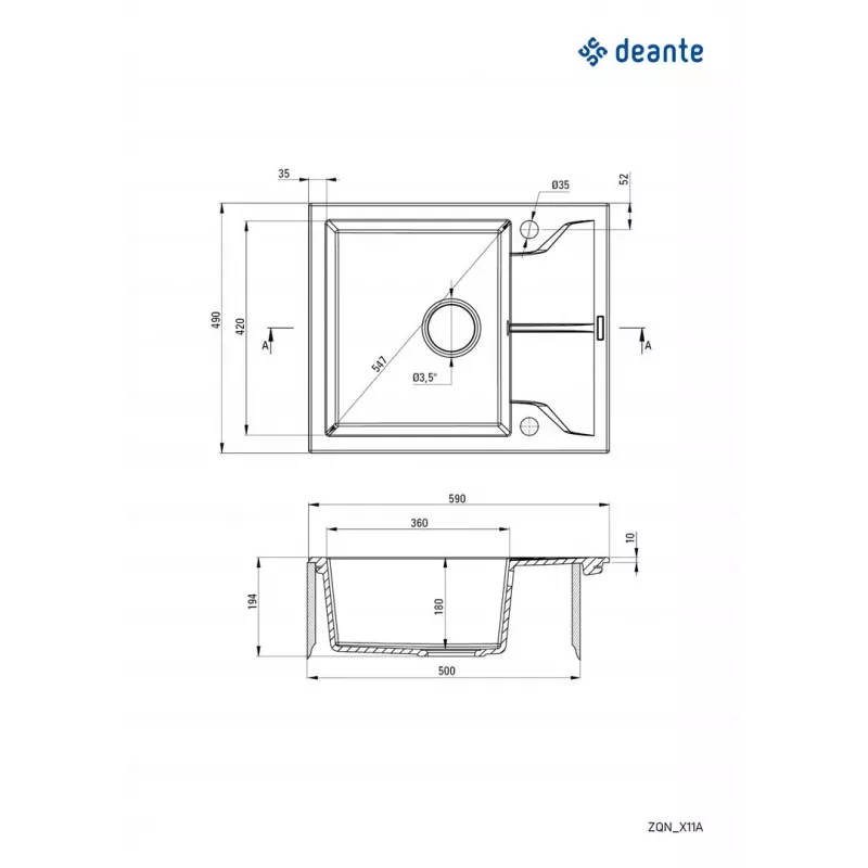 DEANTE 1-Bļoda Granīta Izlietne ar Noteku Grafīta Metāliska Andante