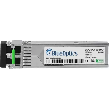 BlueOptics 1241480000 saderīgs SFP raiduztvērējs vienmoda 155 Mbit datu pārraidei optisko šķiedru tīklos. Atbalsta Fast Ethernet, Fibre Channel vai SONET/SDH lietojumus slēdžos, maršrutētājos, uzglabāšanas sistēmās un līdzīgā aparatūrā