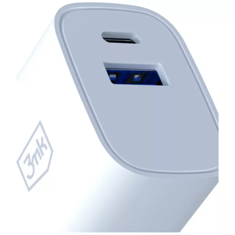 3MK FlowPower 30W USB-A USB-C PD 3.0 QC 4+ sienas lādētājs balts