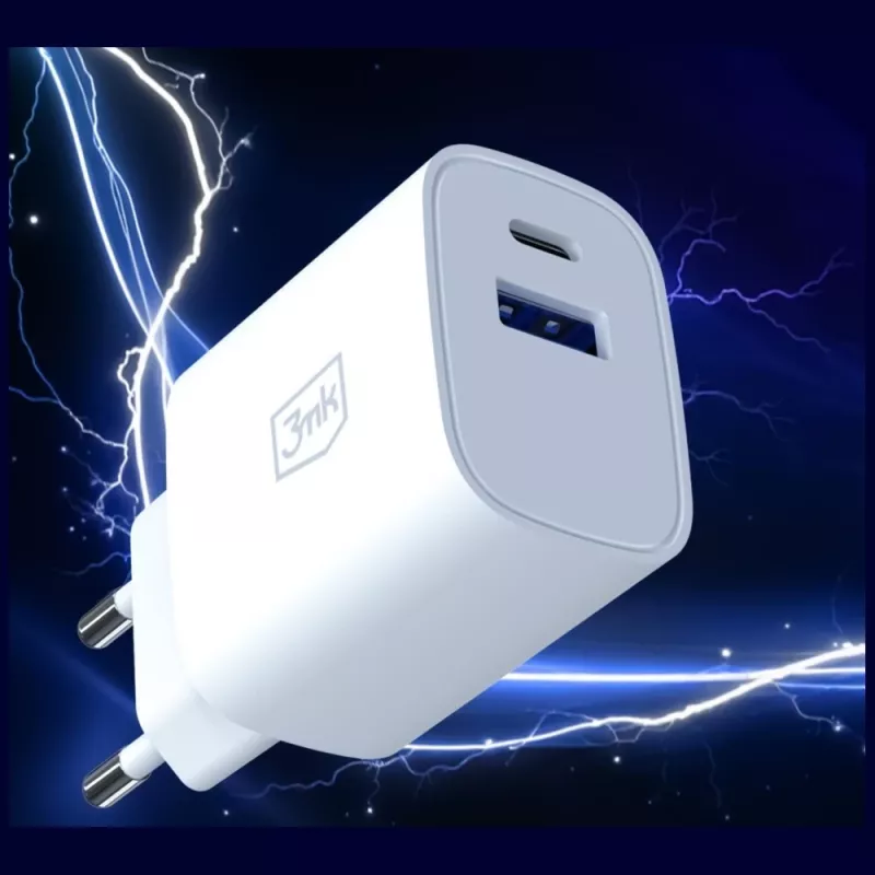 3MK FlowPower 30W USB-A USB-C PD 3.0 QC 4+ sienas lādētājs balts