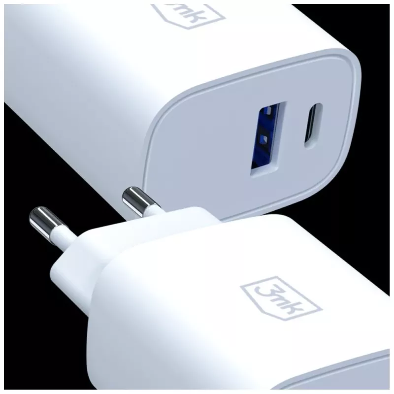3MK FlowPower 30W USB-A USB-C PD 3.0 QC 4+ sienas lādētājs balts