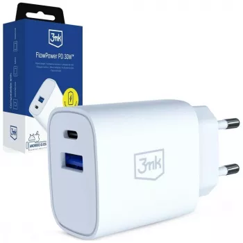 3MK FlowPower 30W USB-A USB-C PD 3.0 QC 4+ sienas lādētājs balts