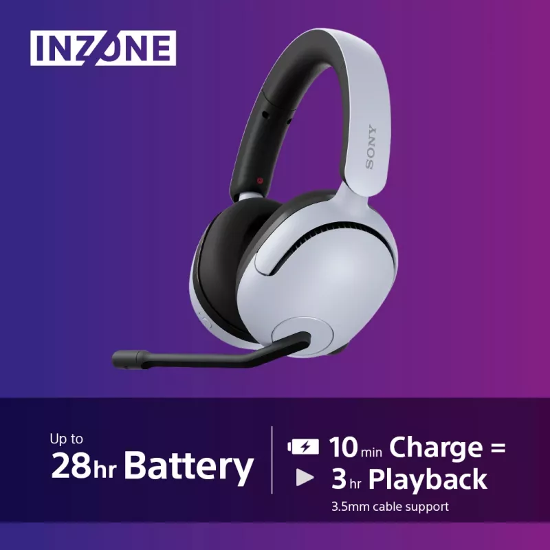 Sony INZONE H5 bezvadu spēļu austiņas, pāri ausīm ar mikrofonu, balta