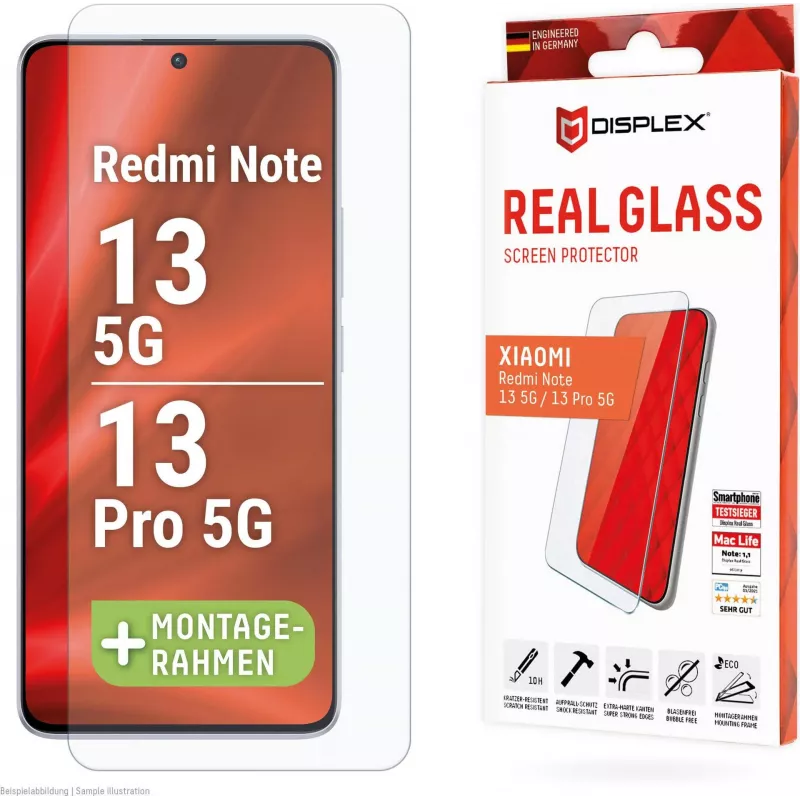 E.V.I. Displex Real Glass Rūdīta Stikla Ekrāna Aizsargs (10H - 2D) Xiaomi Redmi Note 13 5G / 13 Pro 5G - Eco-Mounting rāmis - Izturīgs pret skrāpējumiem - Atgrūž netīrumus - Izturīgs pret triecieniem - Triecienizturīgs - Caurspīdīgs - 1 gab. (01946)