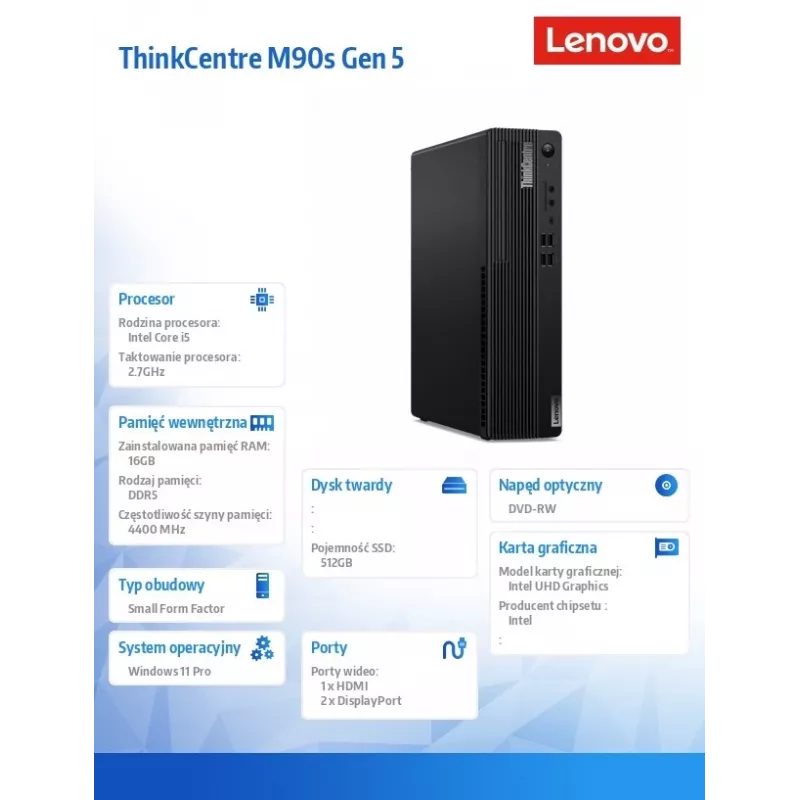 Lenovo ThinkCentre M90s Gen 5 SFF galddators, Intel Core i5-14600, 16GB DDR5, 512GB SSD, DVD-RW, Wi-Fi, Bluetooth, Windows 11 Pro, melns, 3Y Onsite + 1Y Premier Support