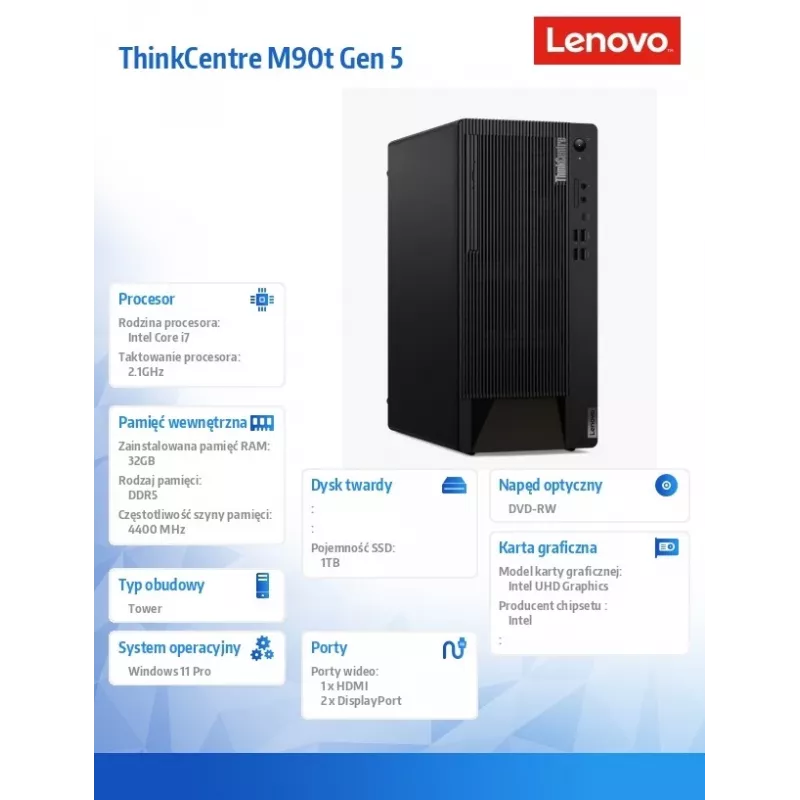 Lenovo ThinkCentre M90t Gen 5 Tower Intel Core i7-14700 32GB 1TB SSD DVD-RW Windows 11 Pro