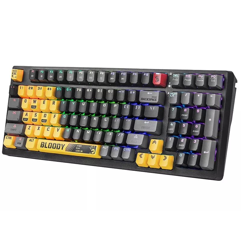 A4Tech Bloody S98 Sports Lime mehāniskā tastatūra, BLMS Red Plus slēdži, 98 taustiņu kompakta, RGB fona apgaismojums, USB-C atvienojams
