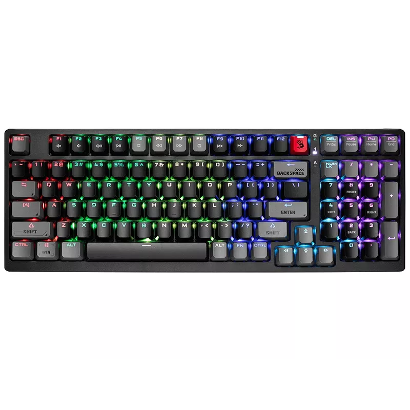 A4Tech Bloody S98 Sports Lime mehāniskā tastatūra, BLMS Red Plus slēdži, 98 taustiņu kompakta, RGB fona apgaismojums, USB-C atvienojams