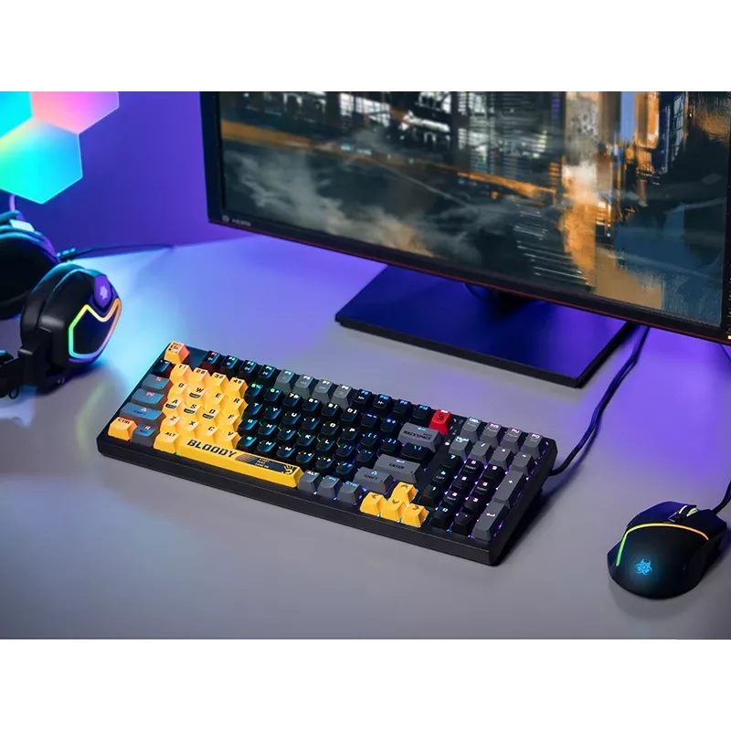 A4Tech Bloody S98 Sports Lime mehāniskā tastatūra, BLMS Red Plus slēdži, 98 taustiņu kompakta, RGB fona apgaismojums, USB-C atvienojams