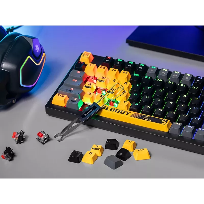 A4Tech Bloody S98 Sports Lime mehāniskā tastatūra, BLMS Red Plus slēdži, 98 taustiņu kompakta, RGB fona apgaismojums, USB-C atvienojams