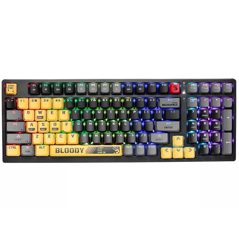 A4Tech Bloody S98 Sports Lime mehāniskā tastatūra, BLMS Red Plus slēdži, 98 taustiņu kompakta, RGB fona apgaismojums, USB-C atvienojams