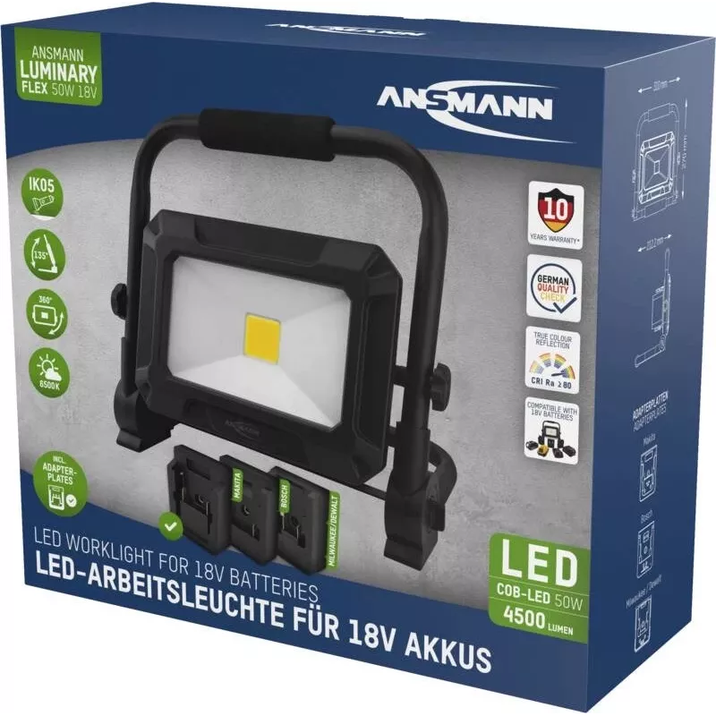 ANSMANN 1600-0713 LED Prožektors FL50W 18V Akumulatoru komplekti ar Adaptera Plāksnēm