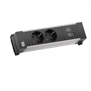 Bachmann Power Frame Galda Strāvas Modulis 2x Schuko USB-A USB-C 22W 0.2m GST18 Sudrabs