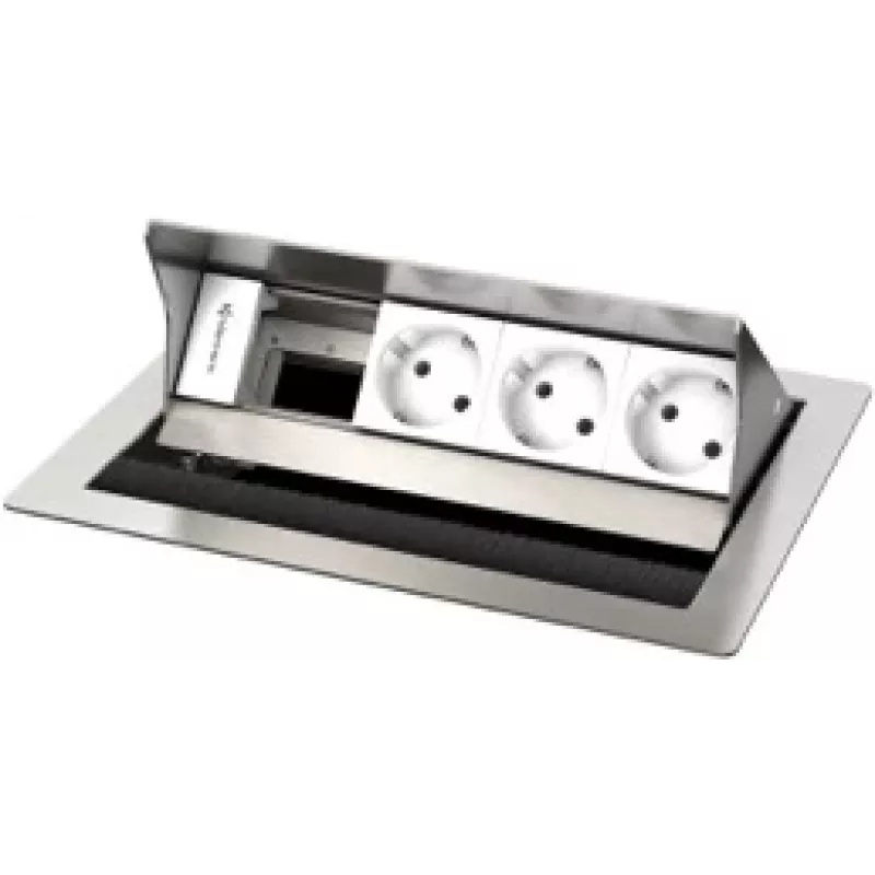 Kindermann CablePort standard² 4-fold Desk Connection Panel - Flush-mount - 3x Power Sockets (Type F) - Silver/Black