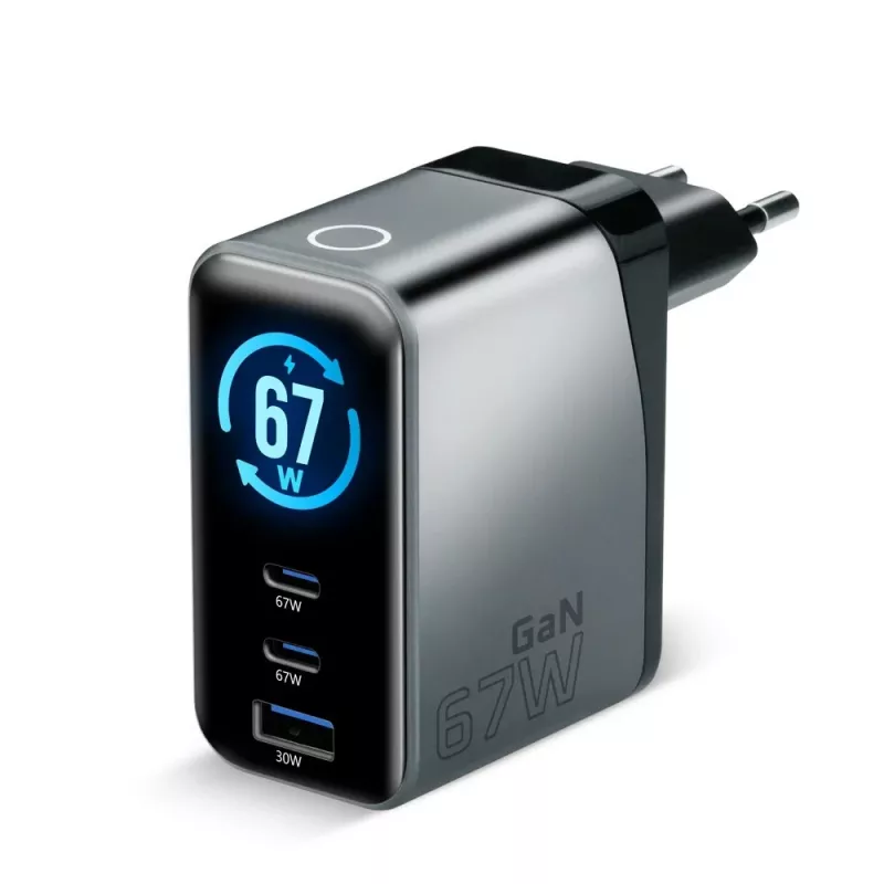 EVERACTIVE SC-670Q GaN 67W USB-C Lādētājs ar 2x USB-C un 1x USB-A, Quick Charge 4+, PD 3.0, Melns