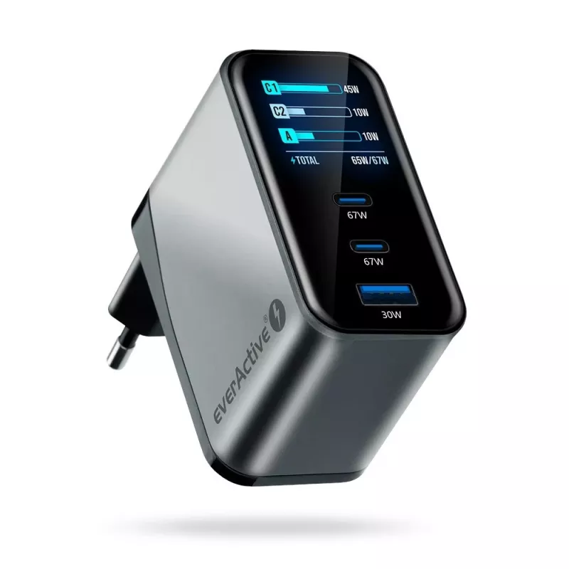 EVERACTIVE SC-670Q GaN 67W USB-C Lādētājs ar 2x USB-C un 1x USB-A, Quick Charge 4+, PD 3.0, Melns