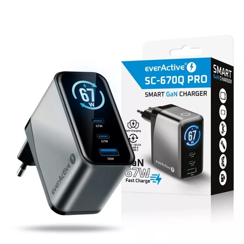 EVERACTIVE SC-670Q GaN 67W USB-C Lādētājs ar 2x USB-C un 1x USB-A, Quick Charge 4+, PD 3.0, Melns