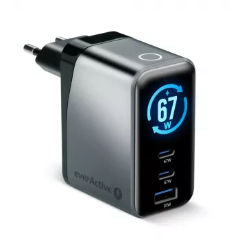 EVERACTIVE SC-670Q GaN 67W USB-C Lādētājs ar 2x USB-C un 1x USB-A, Quick Charge 4+, PD 3.0, Melns