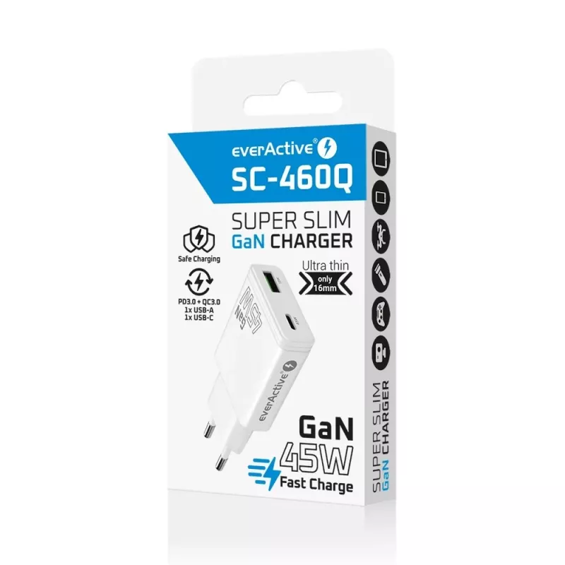 EVERACTIVE GaN QC3.0 45W USB-C sienas lādētājs SC-460Q Balts