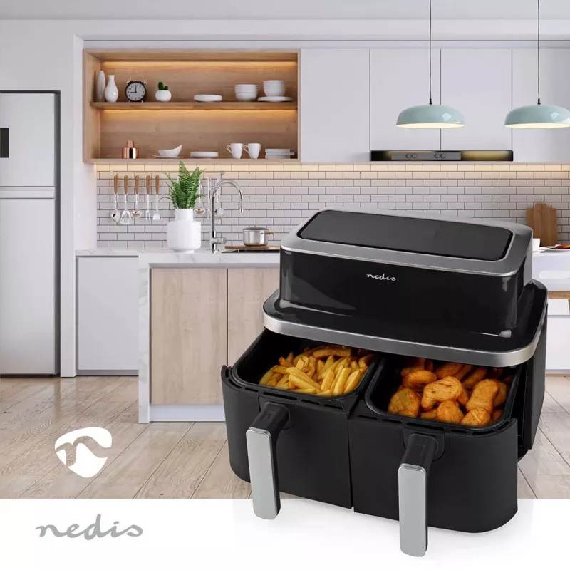 Nedis KAAF320BK Karstā gaisa fritieris ar diviem groziem 8.4 L 2600 W Digitāls skārienekrāns Melns