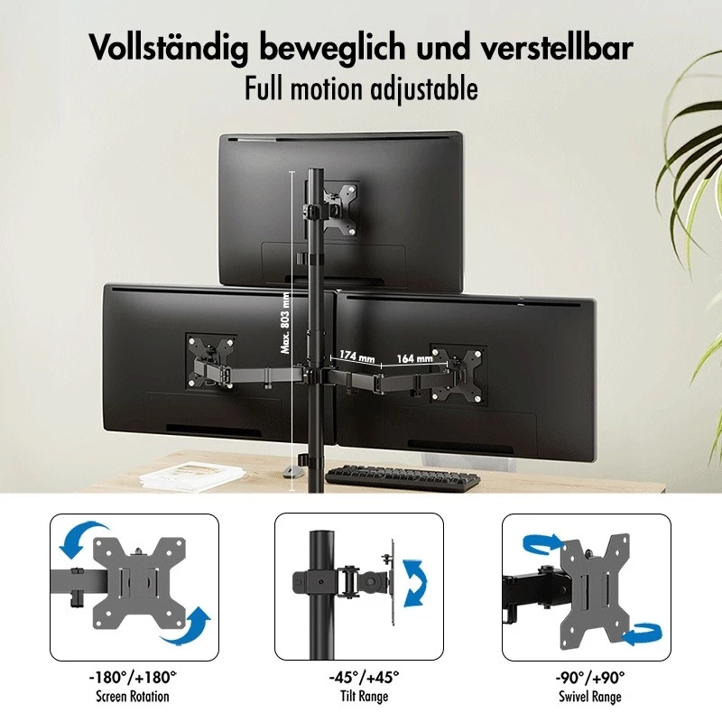 LOGILINK Trīskāršs monitora stiprinājums 17-27 collu ekrāniem, 10 kg uz vienu roku, melns
