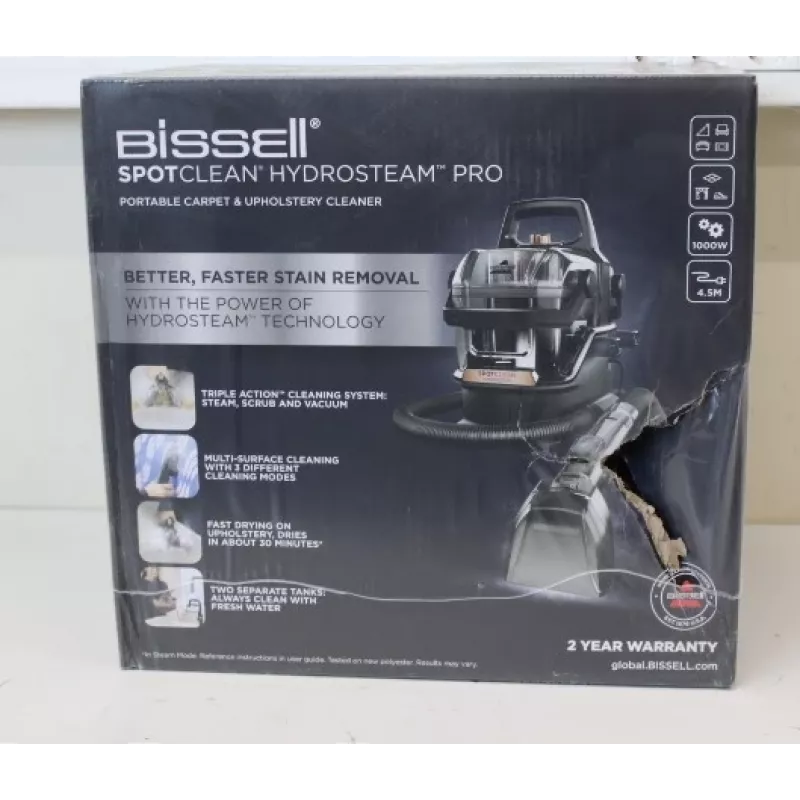 BISSELL SpotClean HydroSteam Pro pārnēsājamais paklāju un mīksto mēbeļu tīrītājs, ar vadu, 1000 W, melns