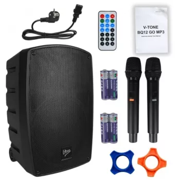 V-TONE BQ12 GO MP3 Active 8 inch akumulatora skaļrunis ar bezvadu mikrofonu un tālvadības pulti, melns