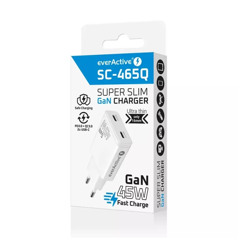 EVERACTIVE GaN 45W USB-C Lādētājs QC3.0 SC-465Q Balts
