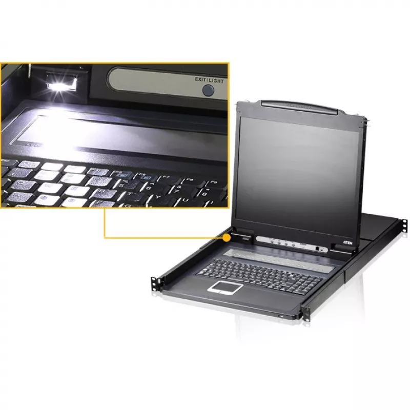 ATEN CL1308N LCD KVM konsole ar 8 portu KVM slēdzi - 19 inch LCD, PS/2 un USB, VGA, 1280x1024, melna, 1U montējama statīvā