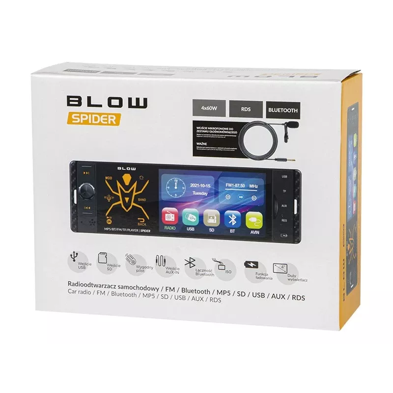 BLOW Spider 4CAL RDS RGB autoračio ar Bluetooth, USB, SD, AUX, skārienekrānu, RGB fona apgaismojumu, tālvadību, 1 DIN, 4x45W