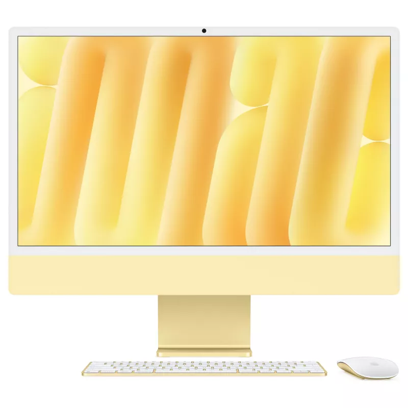 Apple iMac 23.5 inch 4.5K Retina displejs M4 mikroshēma 8 kodolu CPU 8 kodolu GPU 16 kodolu neironu dzinējs 16GB RAM 256GB SSD Standarta stikls Dzeltens Vācu tastatūra
