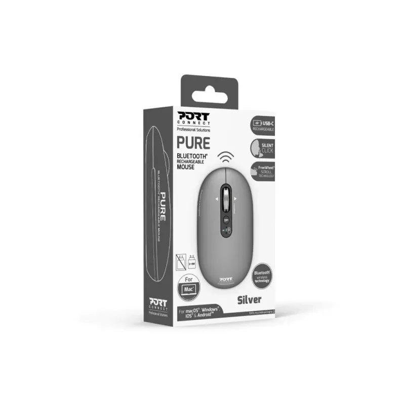 PORT Designs PORT Connect Professional PURE bezvadu uzlādējama pele - optiskā - 4 pogas - 2,4 GHz, Bluetooth - USB uztvērējs - melna