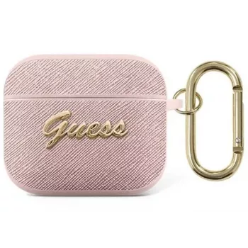 Guess GUA3SASMP Saffiano Script Metal Collection aizsargmaciņš Apple AirPods 3. paaudzei, rozā