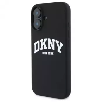 DKNY DKHMP16SSNYACH Cietais vāciņš Apple iPhone 16 6,1 collu melns silikons ar baltu apdrukātu logotipu MagSafe
