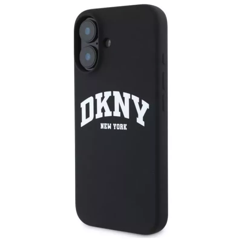 DKNY DKHMP16SSNYACH Cietais vāciņš Apple iPhone 16 6,1 collu melns silikons ar baltu apdrukātu logotipu MagSafe