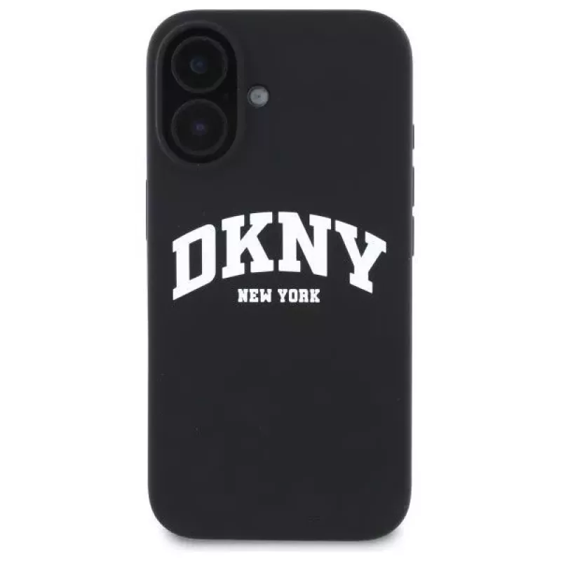 DKNY DKHMP16SSNYACH Cietais vāciņš Apple iPhone 16 6,1 collu melns silikons ar baltu apdrukātu logotipu MagSafe