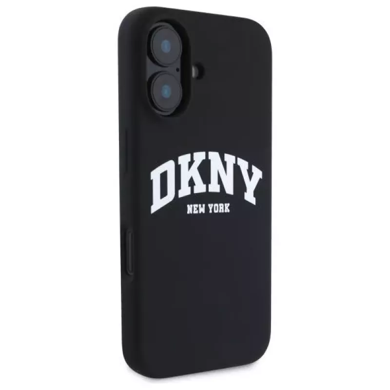 DKNY DKHMP16SSNYACH Cietais vāciņš Apple iPhone 16 6,1 collu melns silikons ar baltu apdrukātu logotipu MagSafe