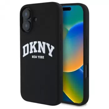 DKNY DKHMP16SSNYACH Cietais vāciņš Apple iPhone 16 6,1 collu melns silikons ar baltu apdrukātu logotipu MagSafe