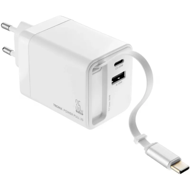 TROIKA POWER PULL 35 Auto lādētājs 35W USB-C PD & USB-A QC 3.0 Balts (CHA35/WH)